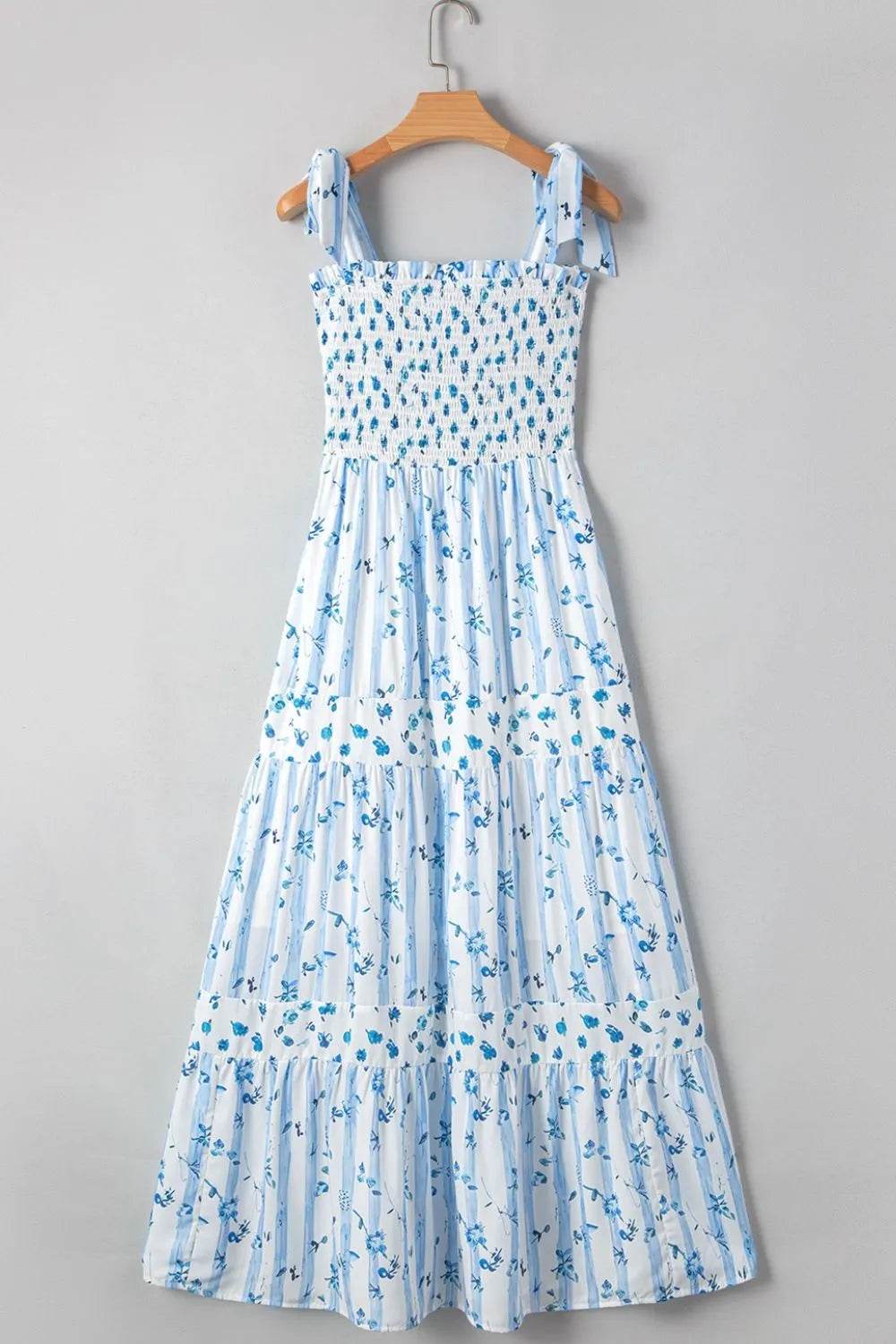Floral Smocked Tiered Tie-Strap Maxi Dress - MARIGOLD