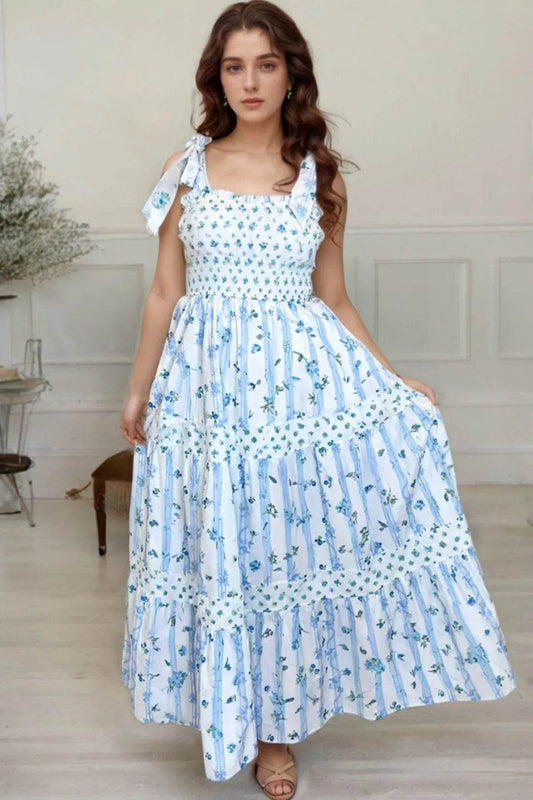 Floral Smocked Tiered Tie-Strap Maxi Dress - MARIGOLD