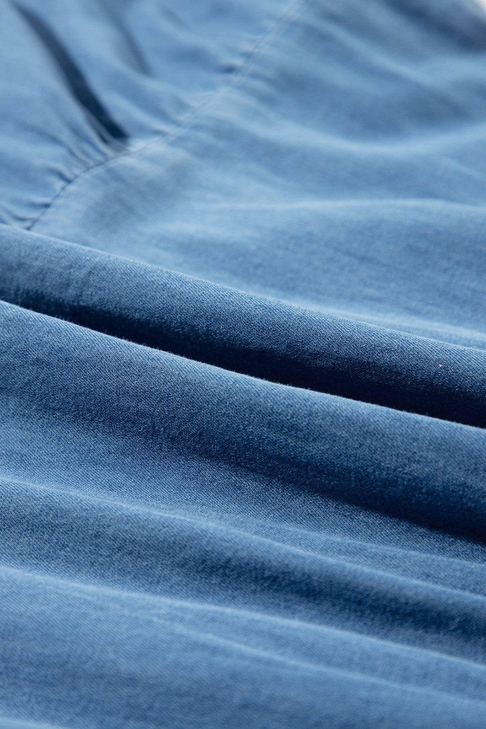 Denim Sleeveless Maxi Dress with Tiered Detail and Tie Neck - MARIGOLD