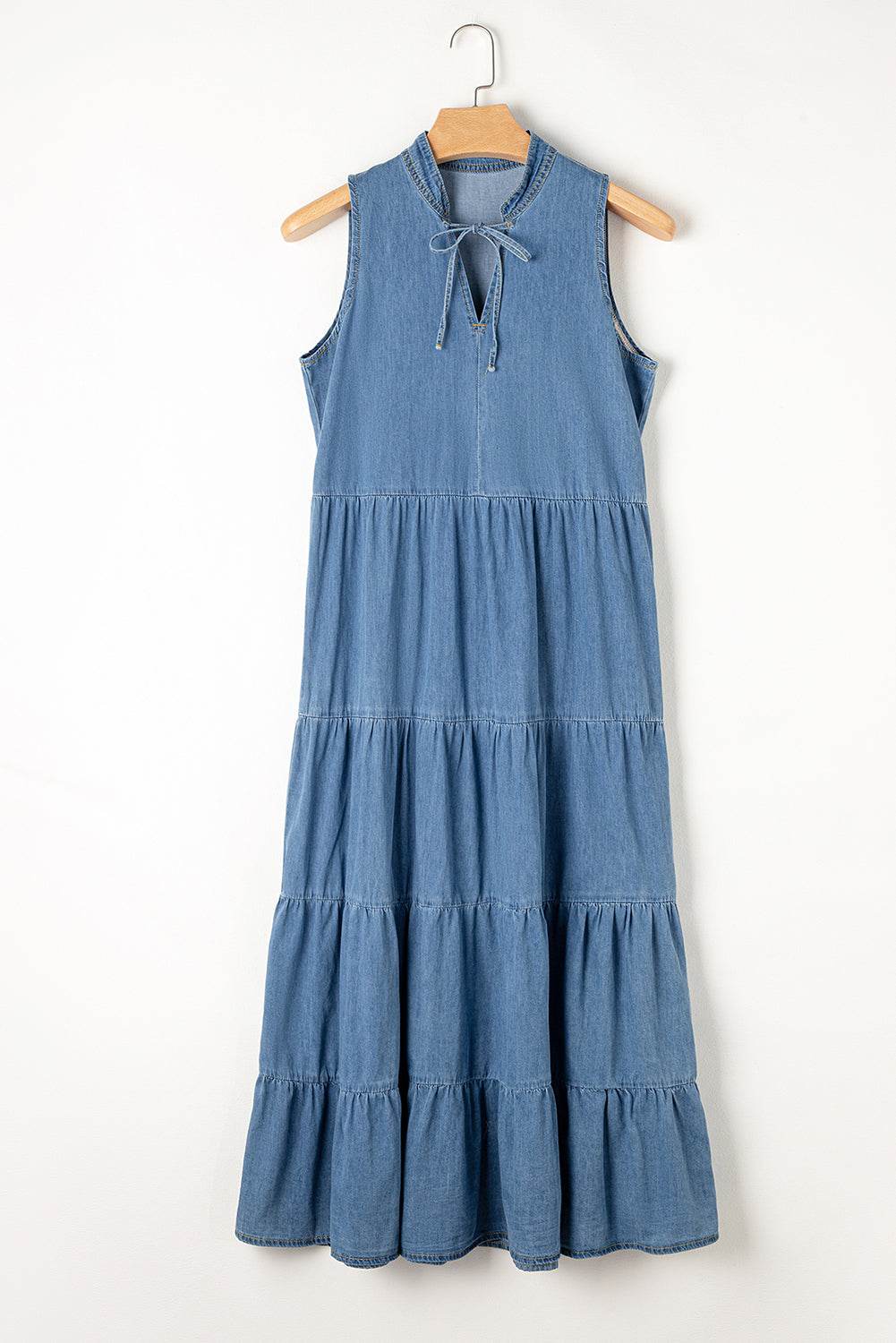 Denim Sleeveless Maxi Dress with Tiered Detail and Tie Neck - MARIGOLD