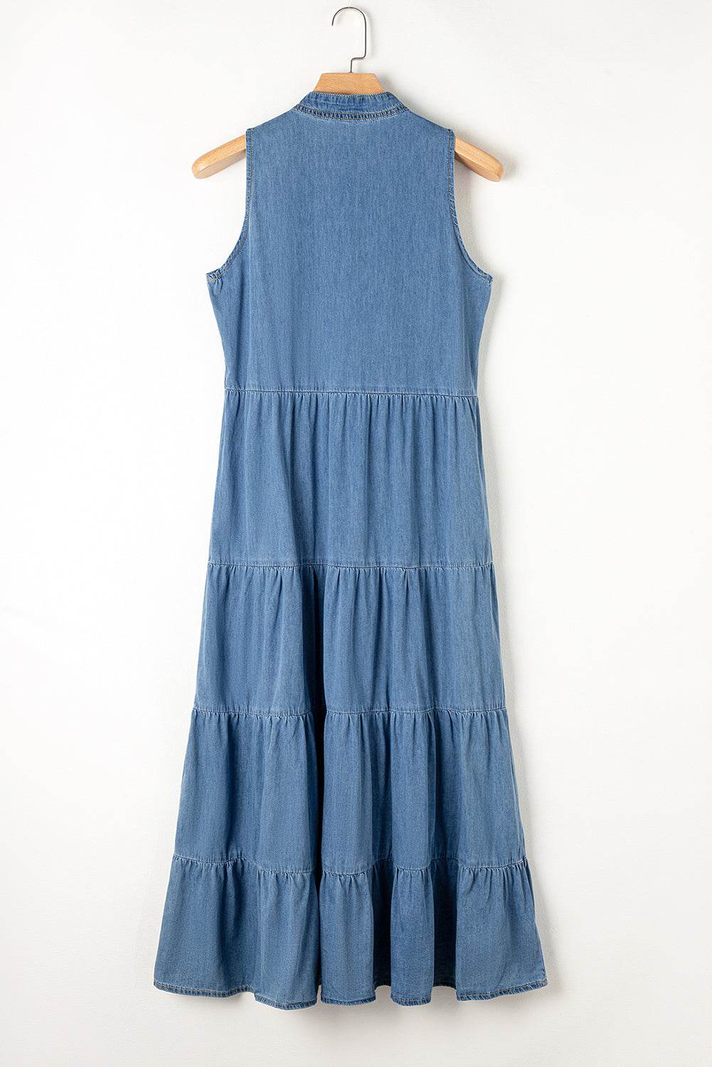 Denim Sleeveless Maxi Dress with Tiered Detail and Tie Neck - MARIGOLD