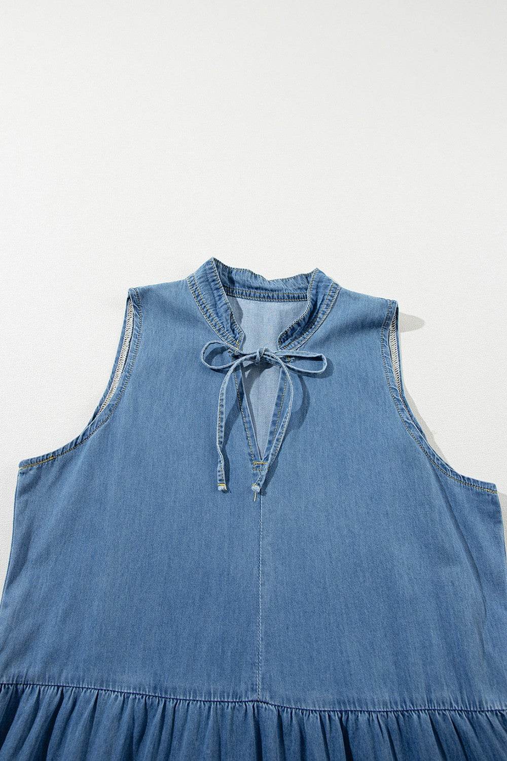 Denim Sleeveless Maxi Dress with Tiered Detail and Tie Neck - MARIGOLD