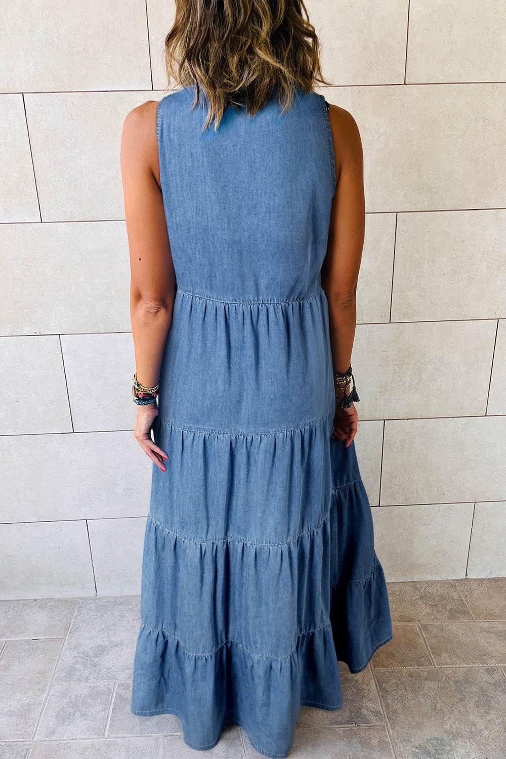 Denim Sleeveless Maxi Dress with Tiered Detail and Tie Neck - MARIGOLD