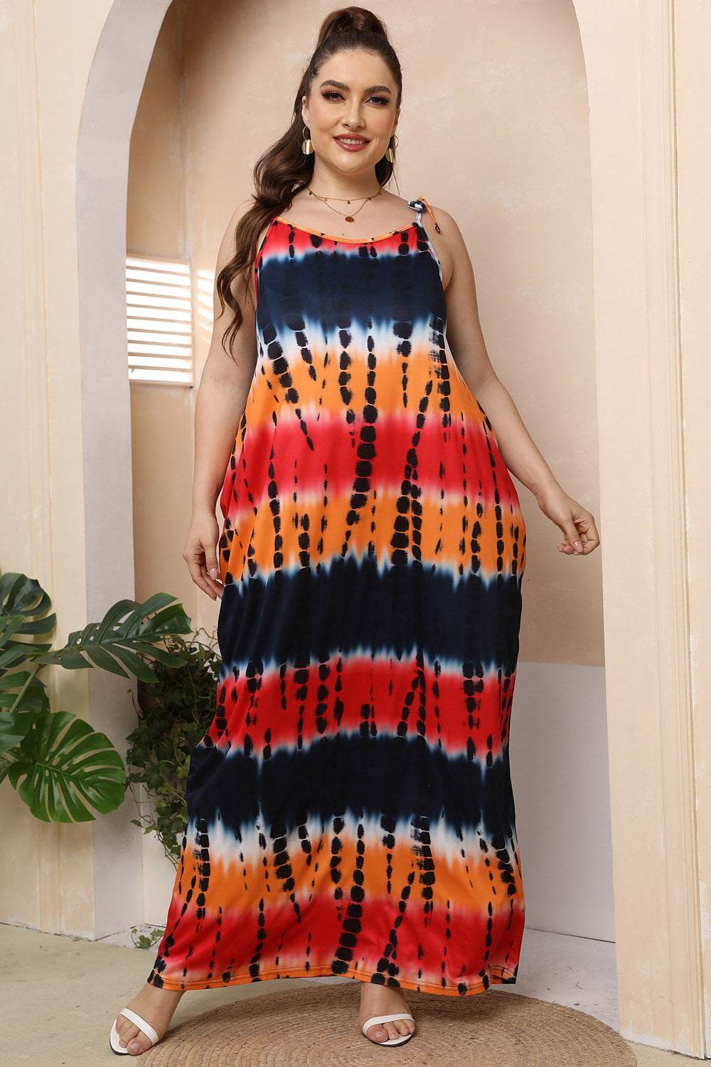 Multicolor Abstract Print Plus Size Tie-Shoulder Maxi Dress - MARIGOLD