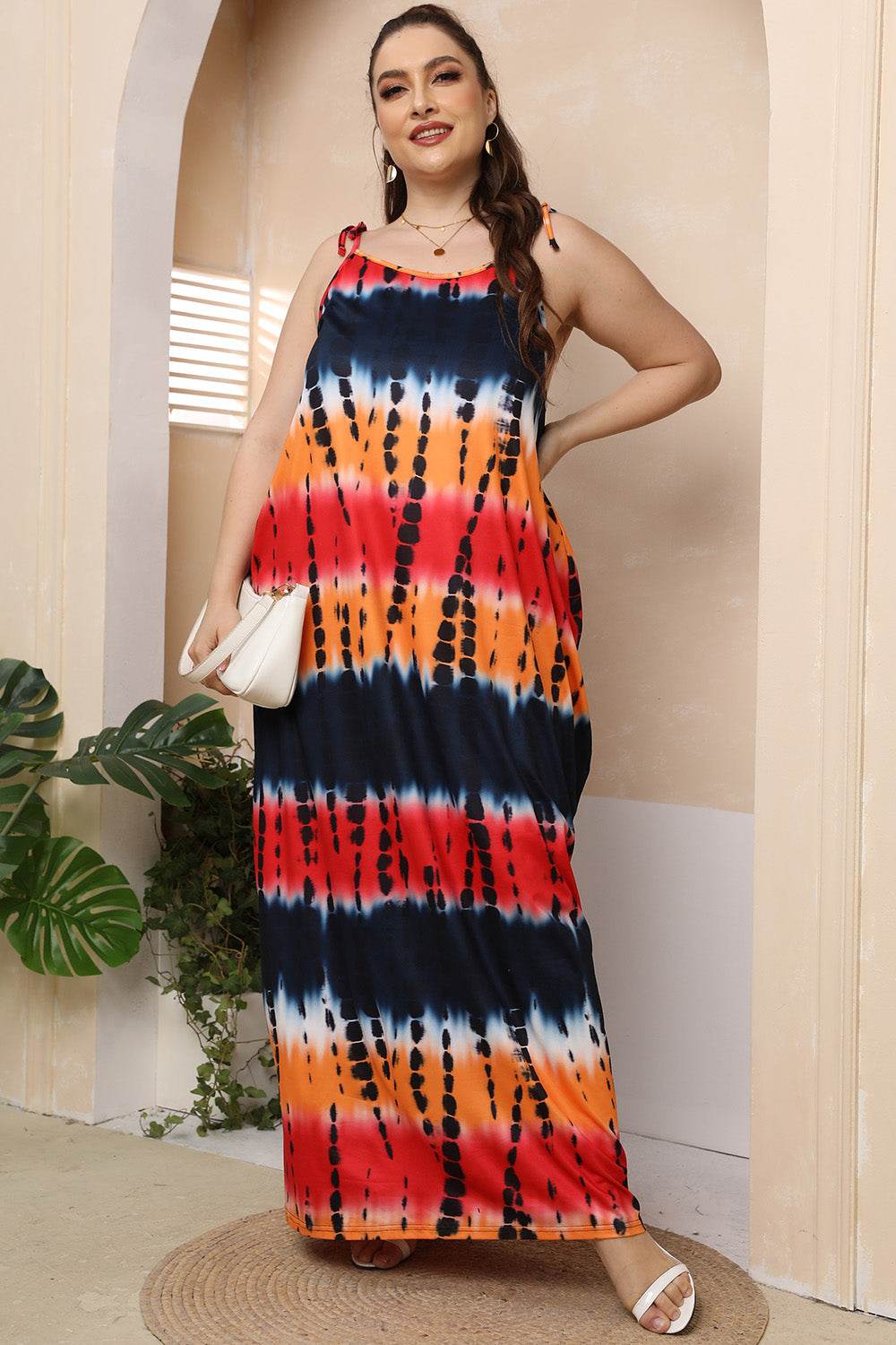 Multicolor Abstract Print Plus Size Tie-Shoulder Maxi Dress - MARIGOLD