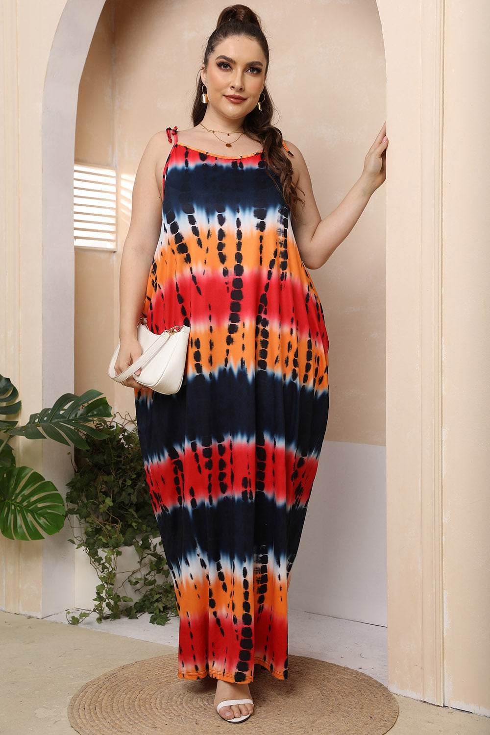 Multicolor Abstract Print Plus Size Tie-Shoulder Maxi Dress - MARIGOLD