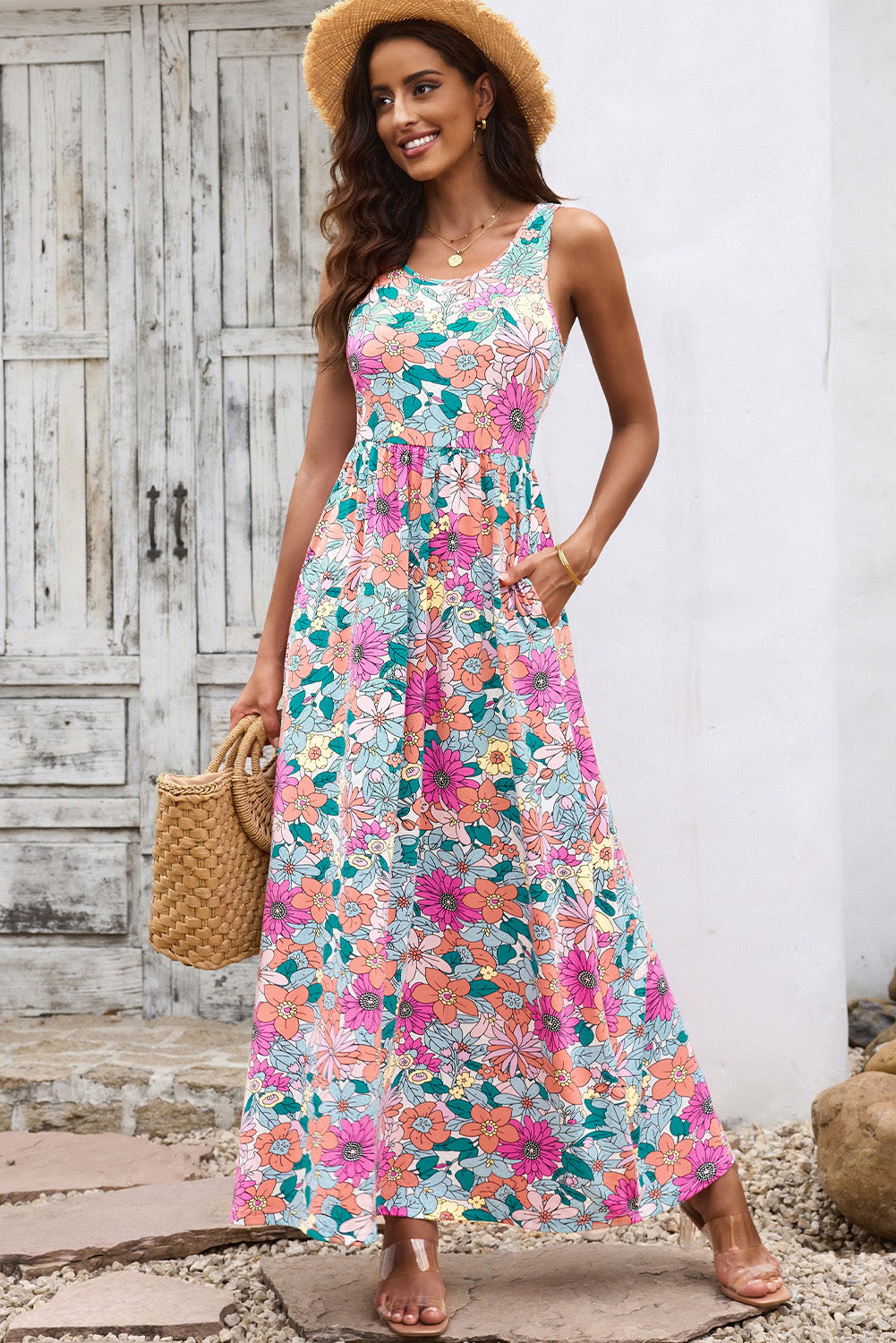 Floral Print Sleeveless Round Neck Maxi Dress with Pockets - MARIGOLD