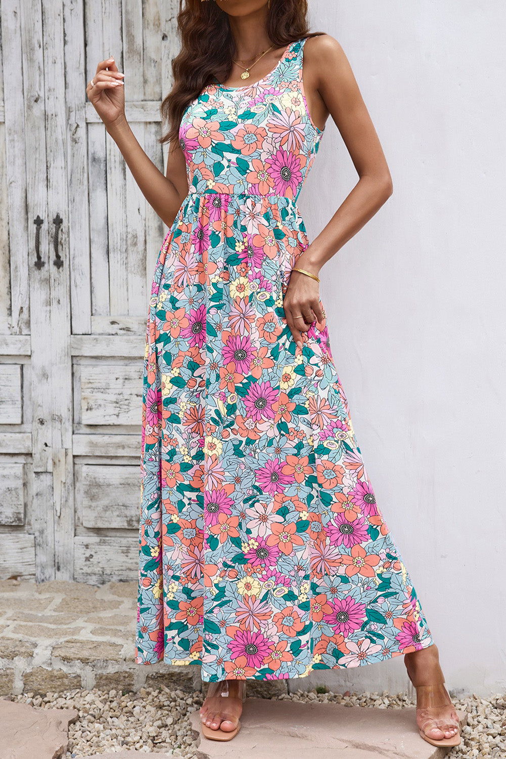 Floral Print Sleeveless Round Neck Maxi Dress with Pockets - MARIGOLD