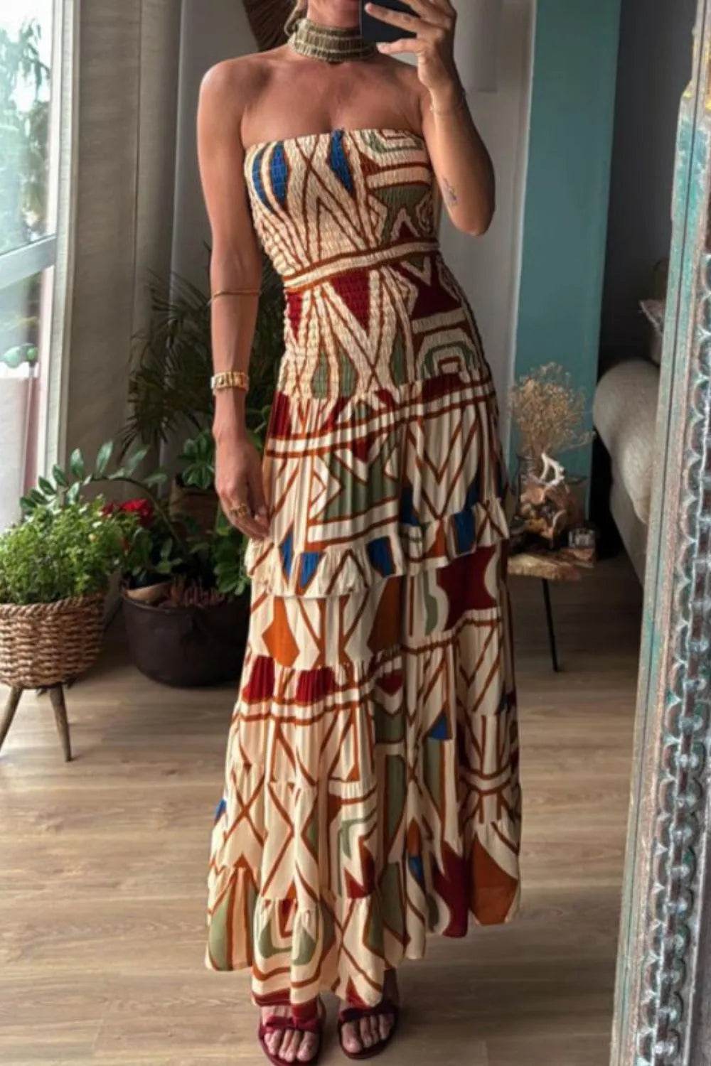 Earth Tone Geo Print Maxi Dress - MARIGOLD
