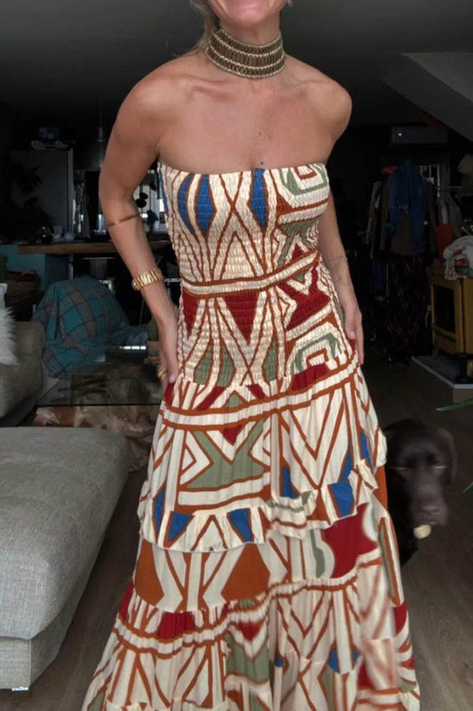 Earth Tone Geo Print Maxi Dress - MARIGOLD