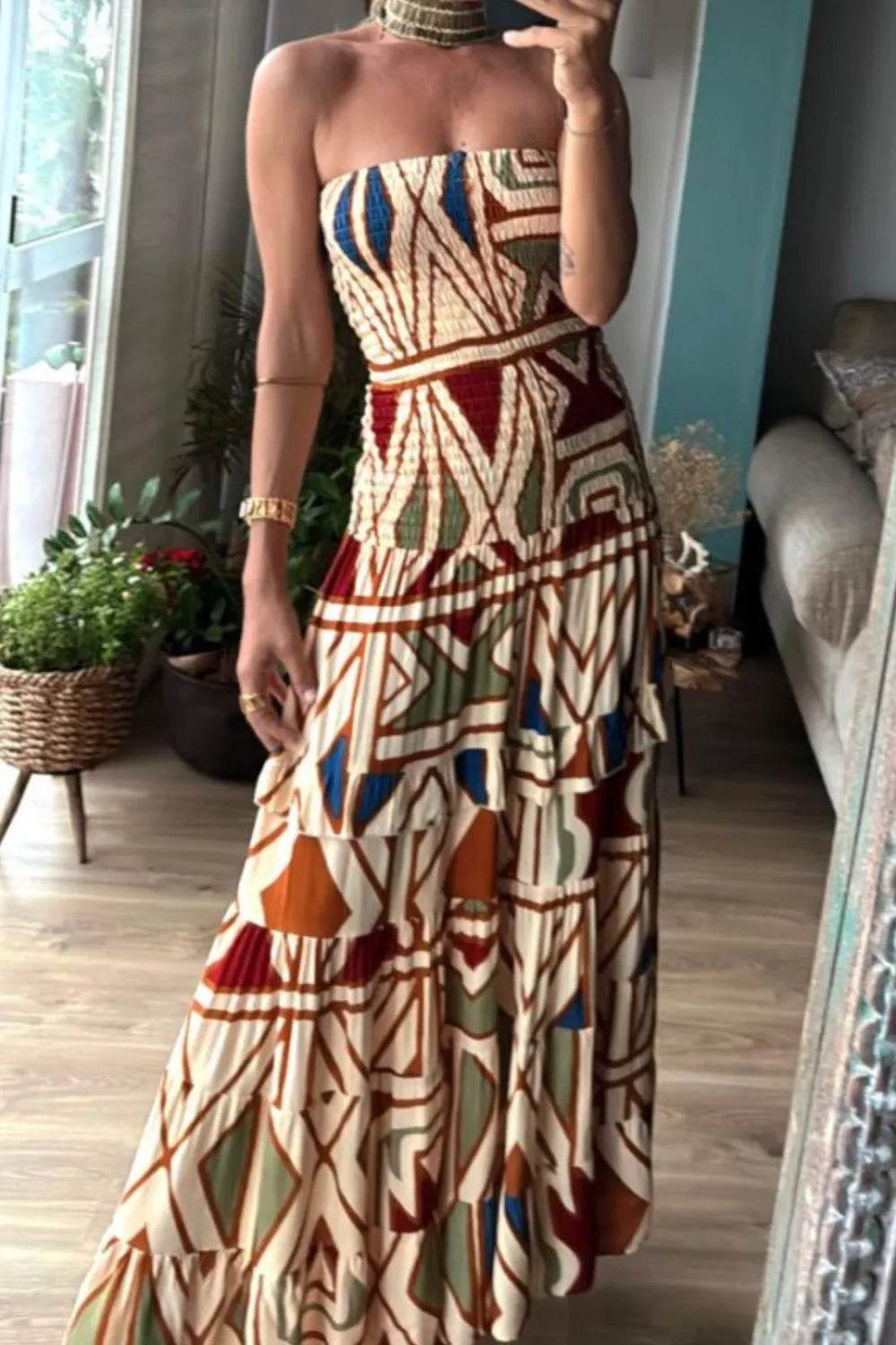 Earth Tone Geo Print Maxi Dress - MARIGOLD