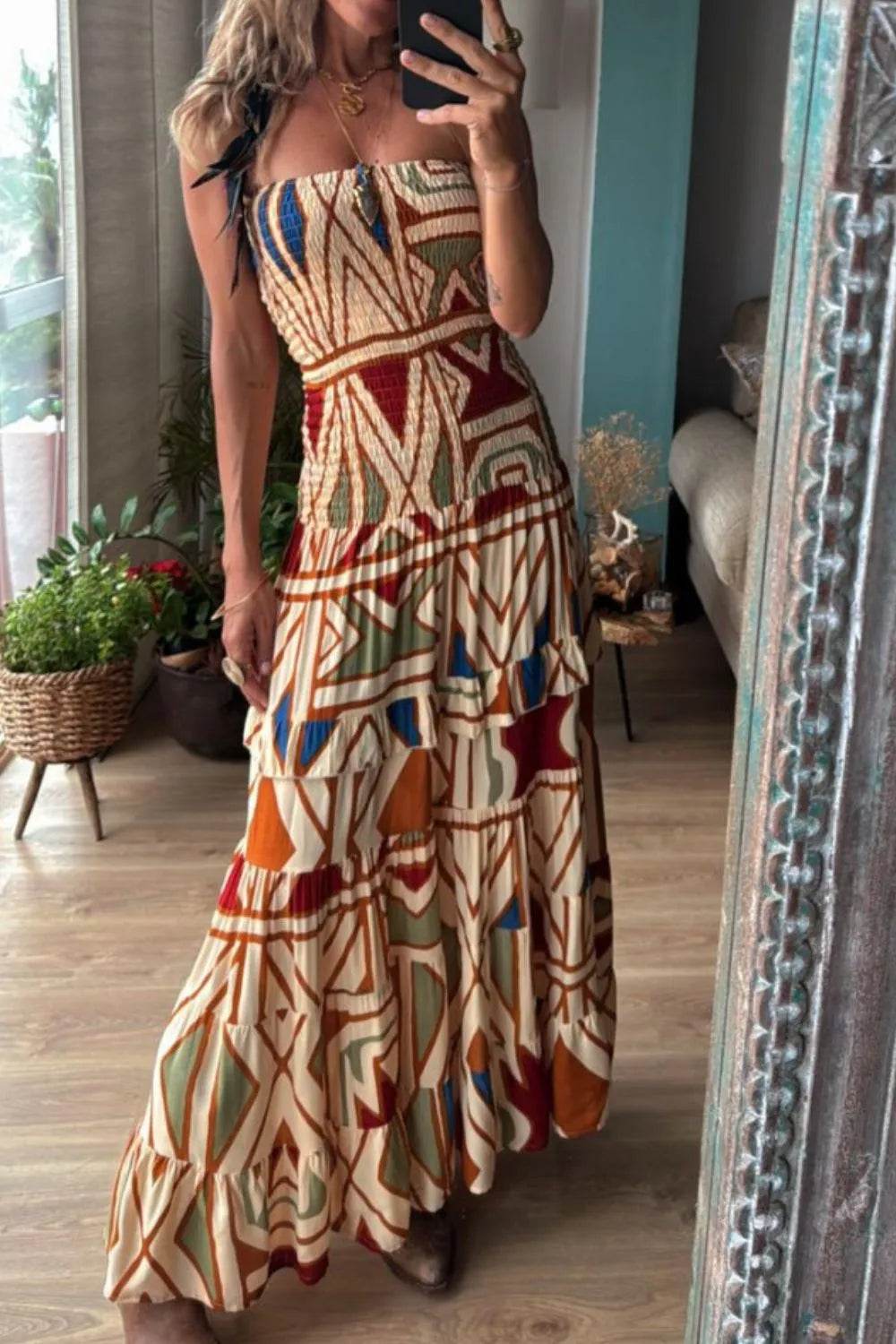 Earth Tone Geo Print Maxi Dress - MARIGOLD