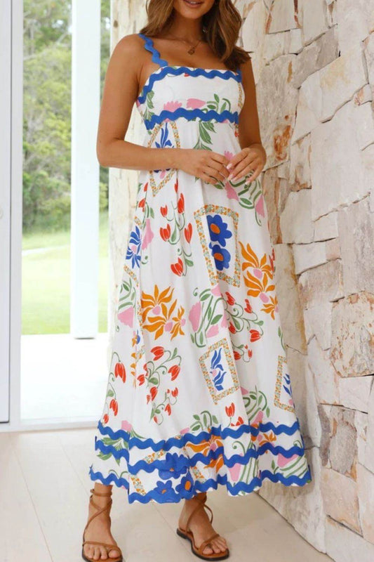 Shaped Strap Floral Print Maxi Dress - MARIGOLD