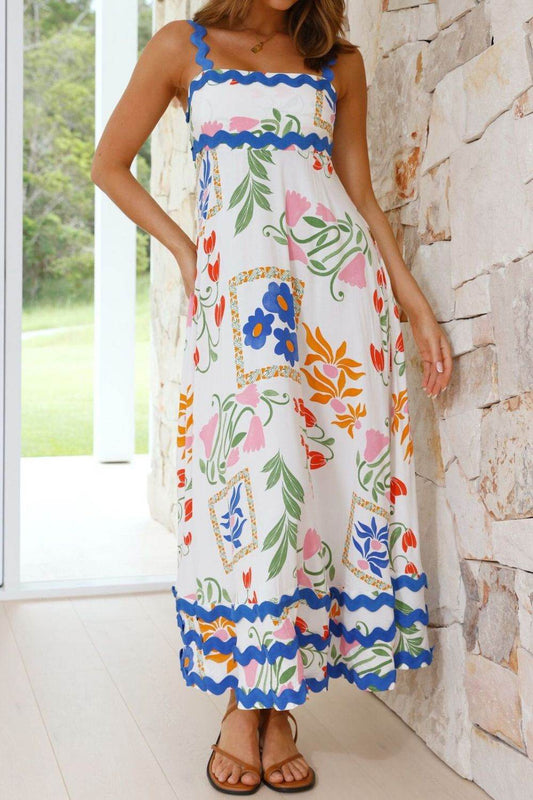 Shaped Strap Floral Print Maxi Dress - MARIGOLD