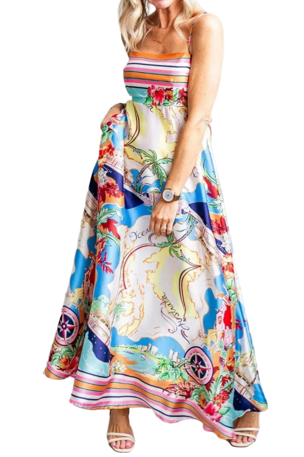 Tropical Australia Print Maxi Dress with Pockets - MARIGOLD