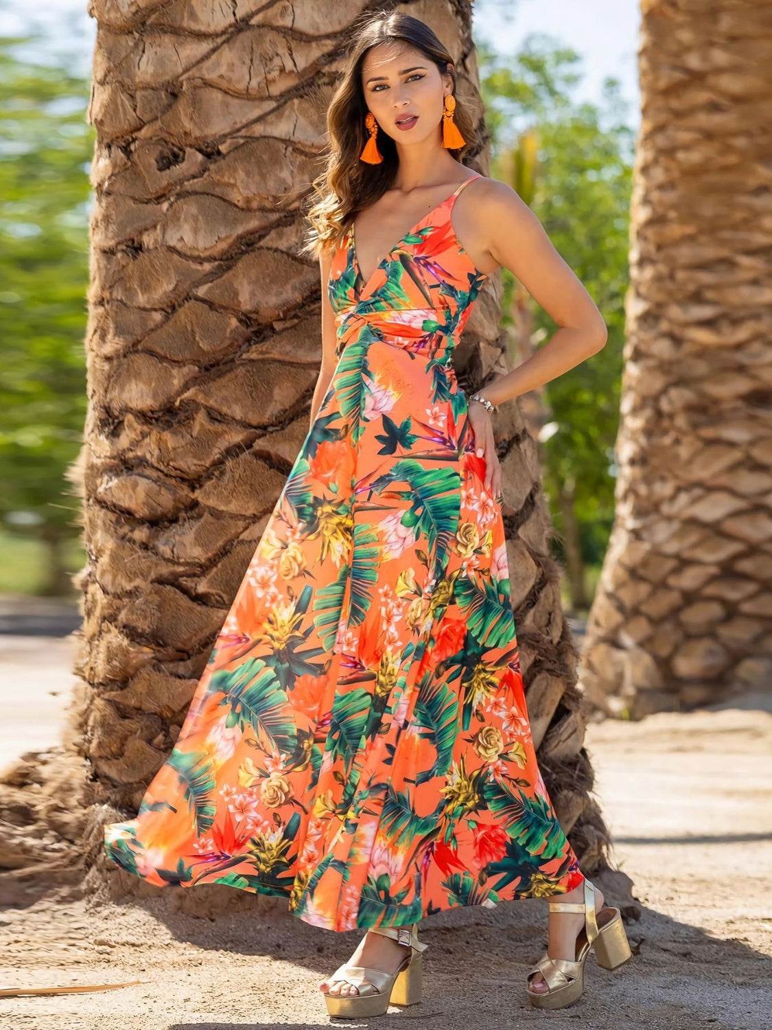 Tropical Floral Print Twist V-Neck Cami Maxi Dress - MARIGOLD