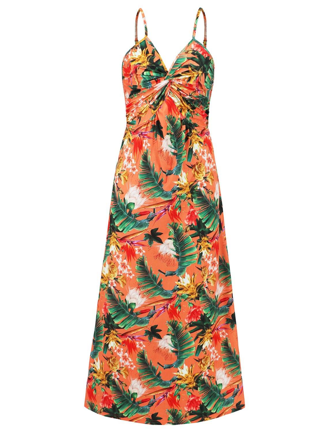 Tropical Floral Print Twist V-Neck Cami Maxi Dress - MARIGOLD