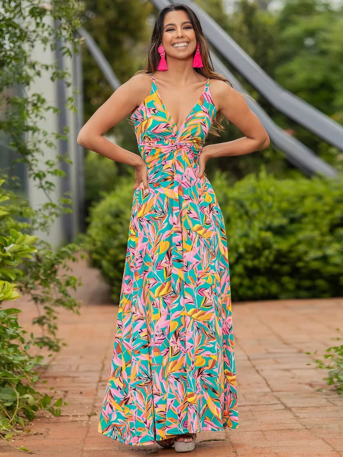 Tropical Floral Print Twist V-Neck Cami Maxi Dress - MARIGOLD