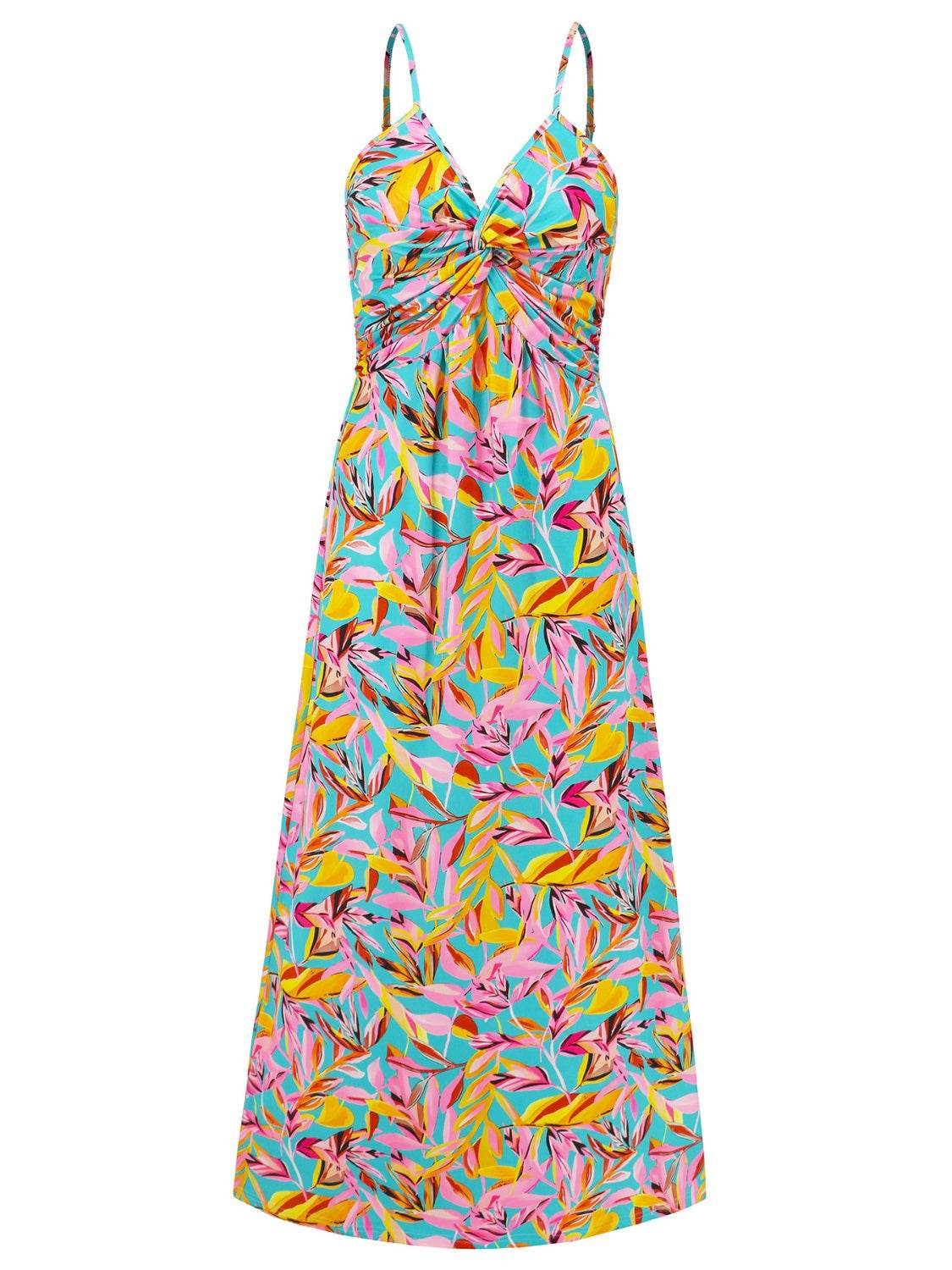 Tropical Floral Print Twist V-Neck Cami Maxi Dress - MARIGOLD
