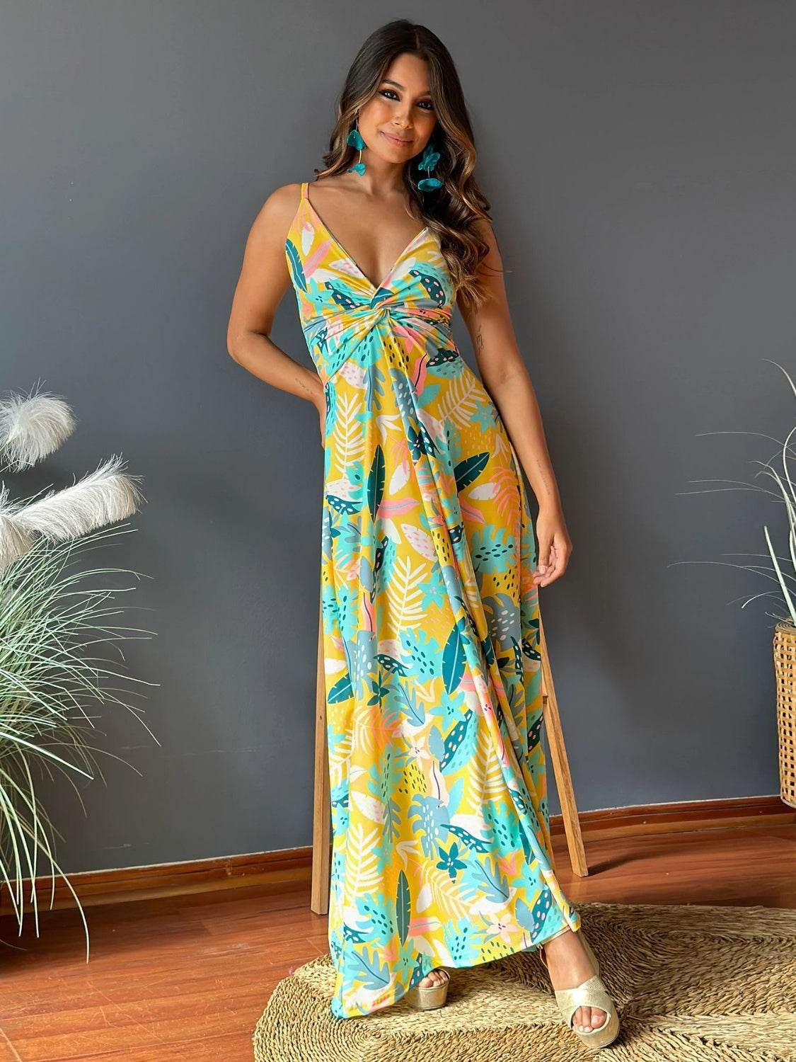 Tropical Floral Print Twist V-Neck Cami Maxi Dress - MARIGOLD