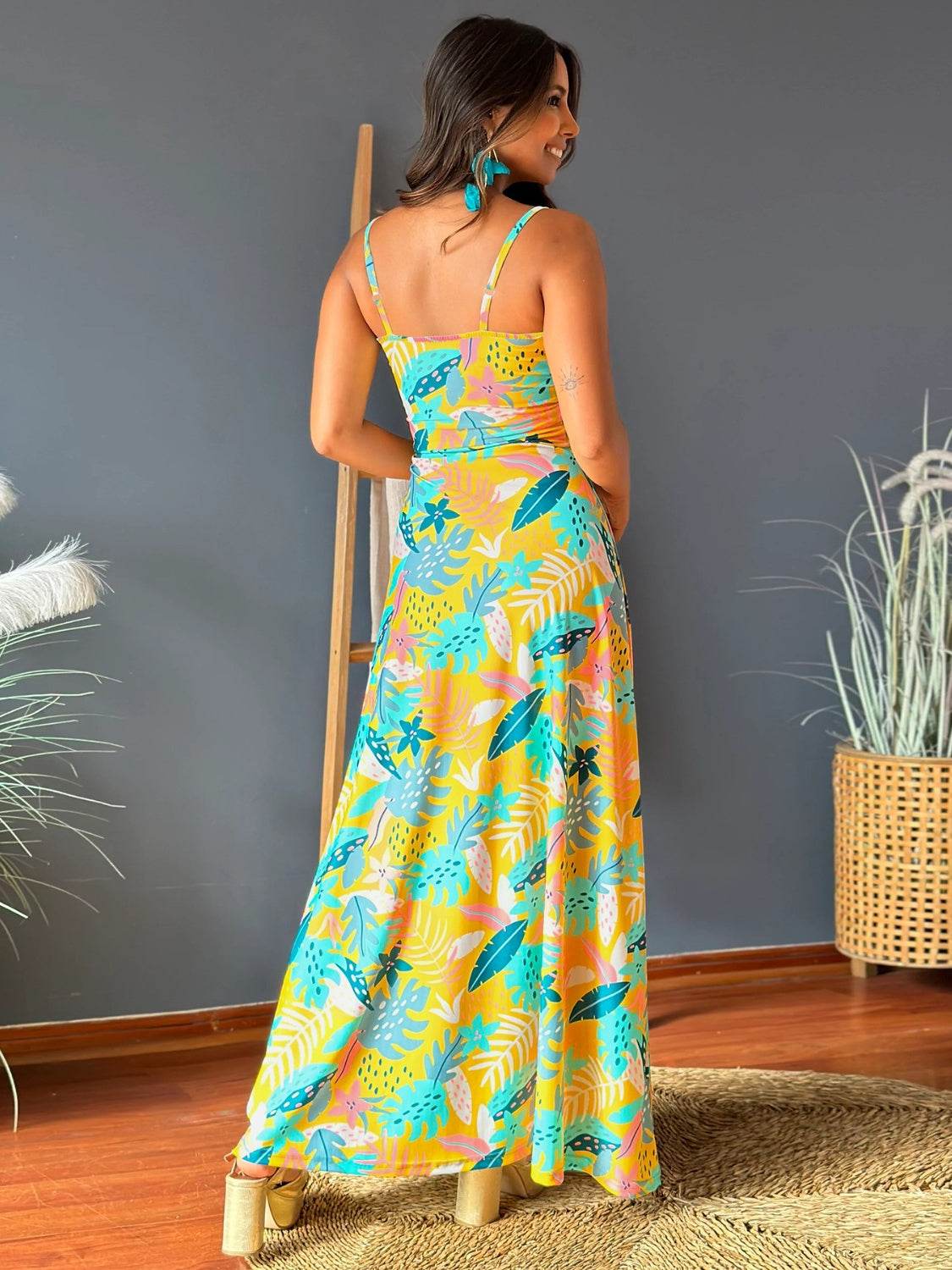 Tropical Floral Print Twist V-Neck Cami Maxi Dress - MARIGOLD