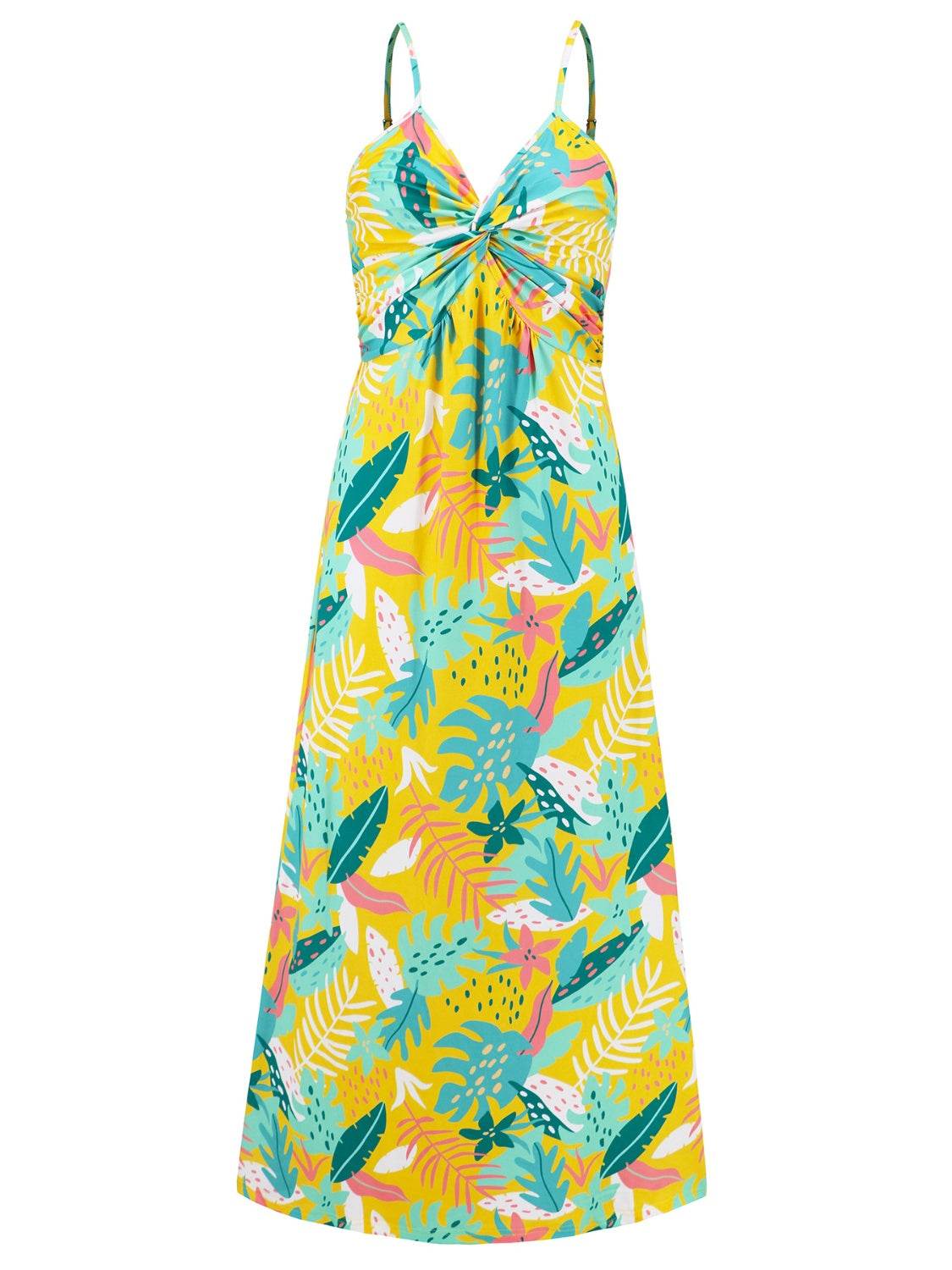 Tropical Floral Print Twist V-Neck Cami Maxi Dress - MARIGOLD