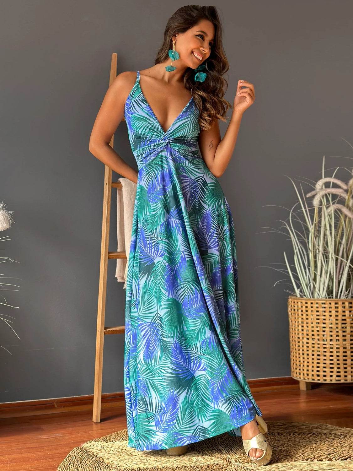 Tropical Floral Print Twist V-Neck Cami Maxi Dress - MARIGOLD