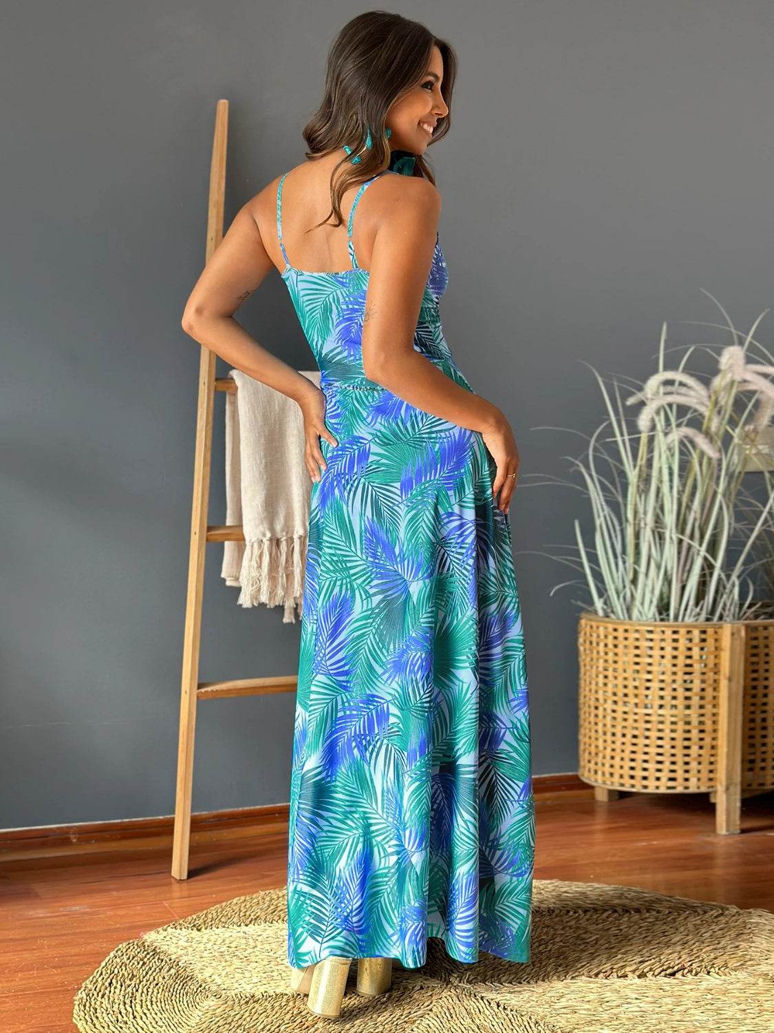 Tropical Floral Print Twist V-Neck Cami Maxi Dress - MARIGOLD