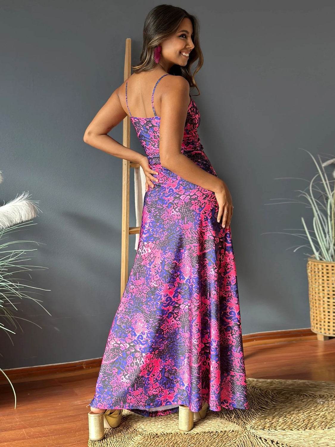 Tropical Floral Print Twist V-Neck Cami Maxi Dress - MARIGOLD