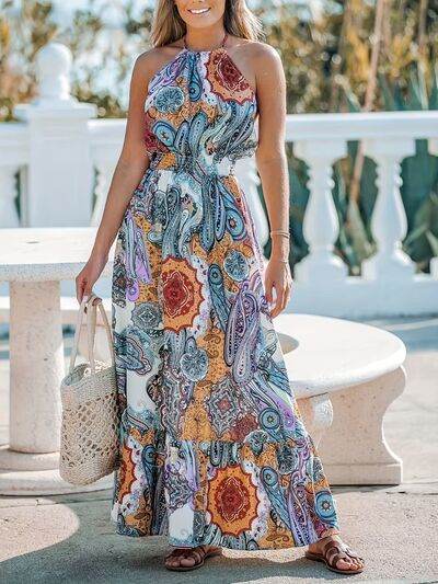 Printed Halter Neck Maxi Dress - MARIGOLD
