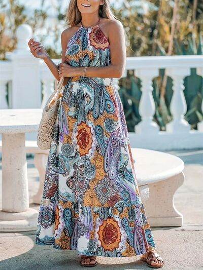 Printed Halter Neck Maxi Dress - MARIGOLD