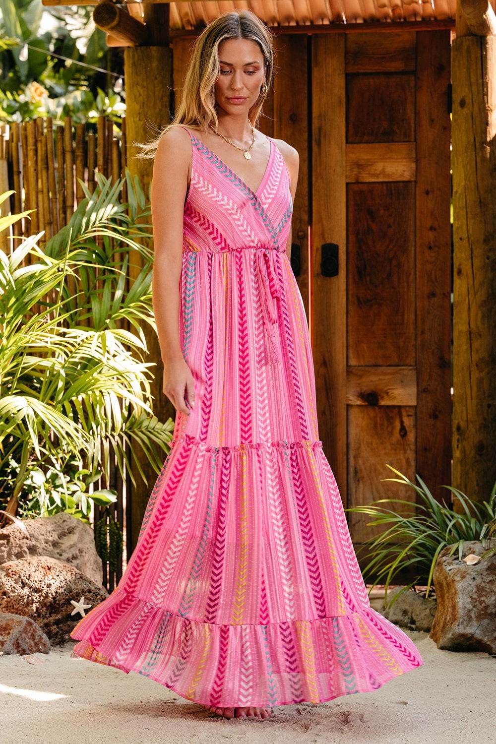 Chevron-Striped Tie Detail Surplice Cami Maxi Dress - MARIGOLD