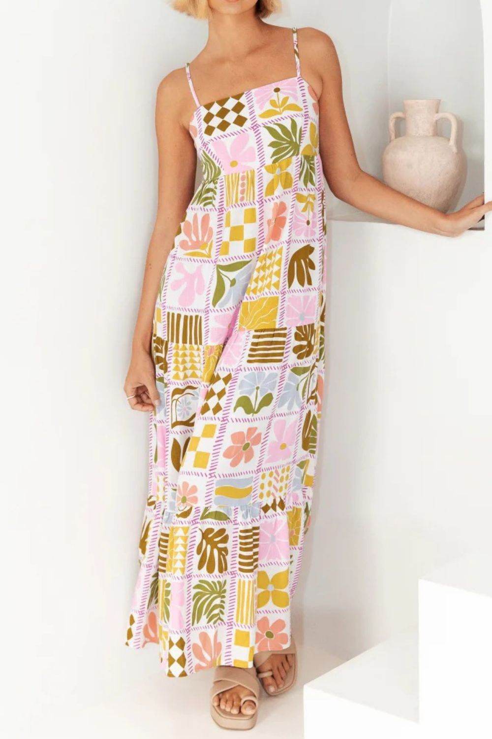 Cutout Back Maxi Cami Dress with Adjustable Straps (Various Prints) - MARIGOLD