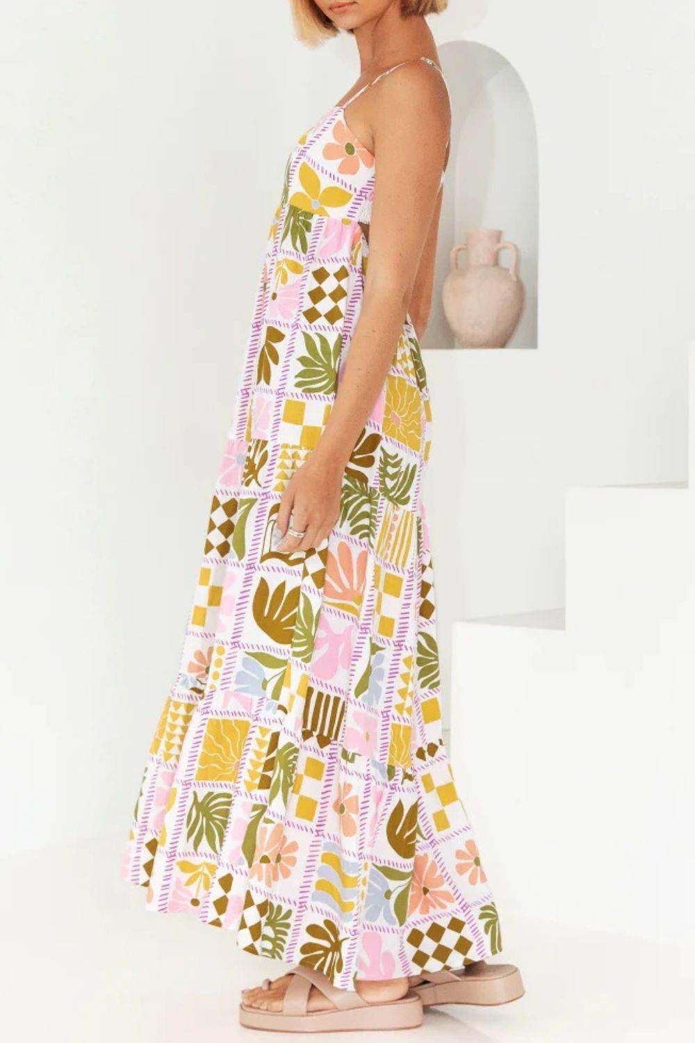 Cutout Back Maxi Cami Dress with Adjustable Straps (Various Prints) - MARIGOLD