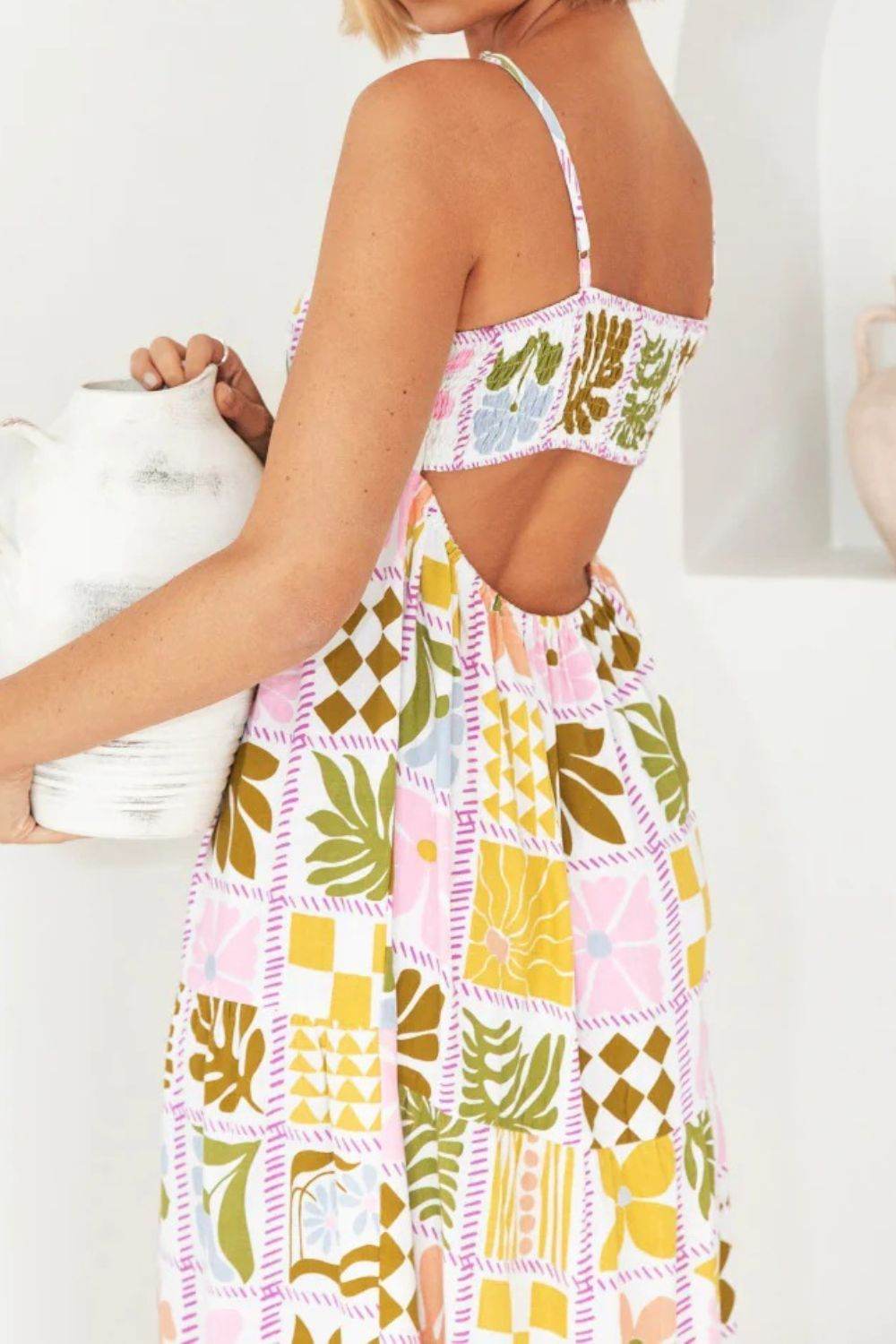 Cutout Back Maxi Cami Dress with Adjustable Straps (Various Prints) - MARIGOLD