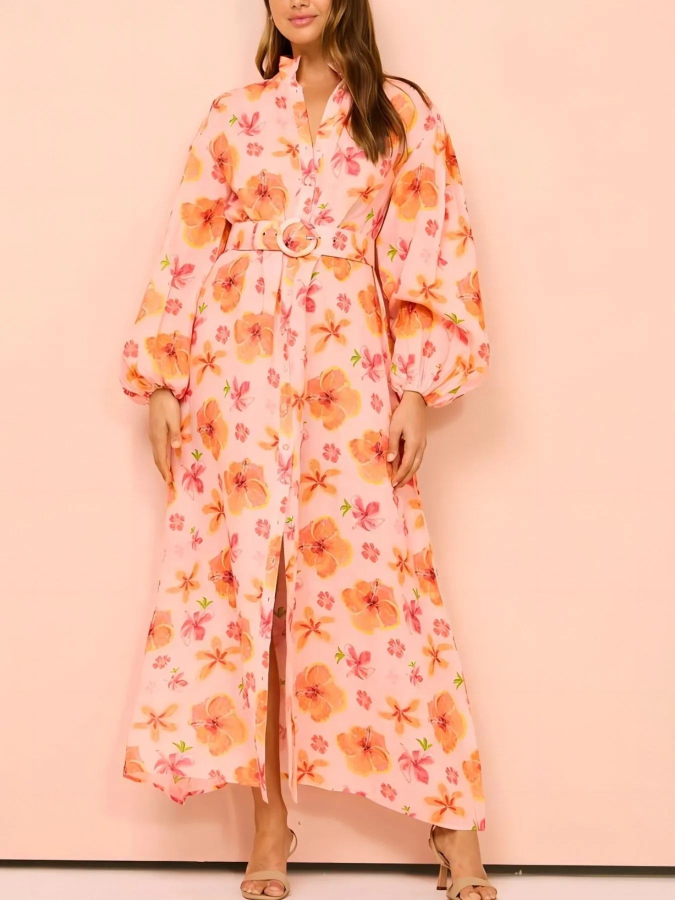 Floral Print Belted Maxi Shirt Dress pink