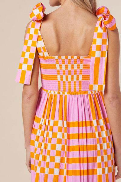 Shoulder Tie Pink and Orange Printed Checkered Maxi Dress - MARIGOLD