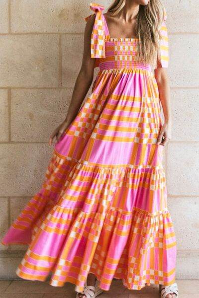 Shoulder Tie Pink and Orange Printed Checkered Maxi Dress - MARIGOLD