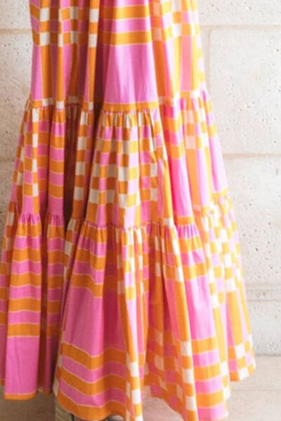 Shoulder Tie Pink and Orange Printed Checkered Maxi Dress - MARIGOLD