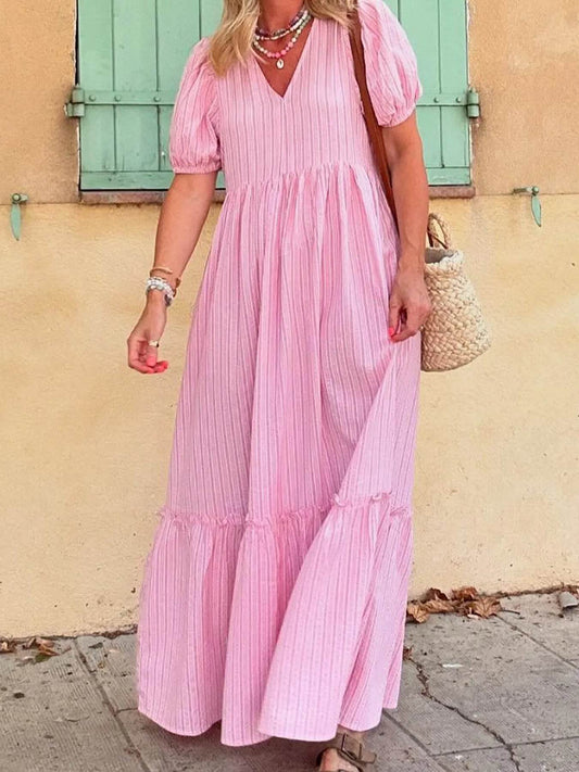 Striped Puff Sleeve V-Neck Maxi Dress - MARIGOLD