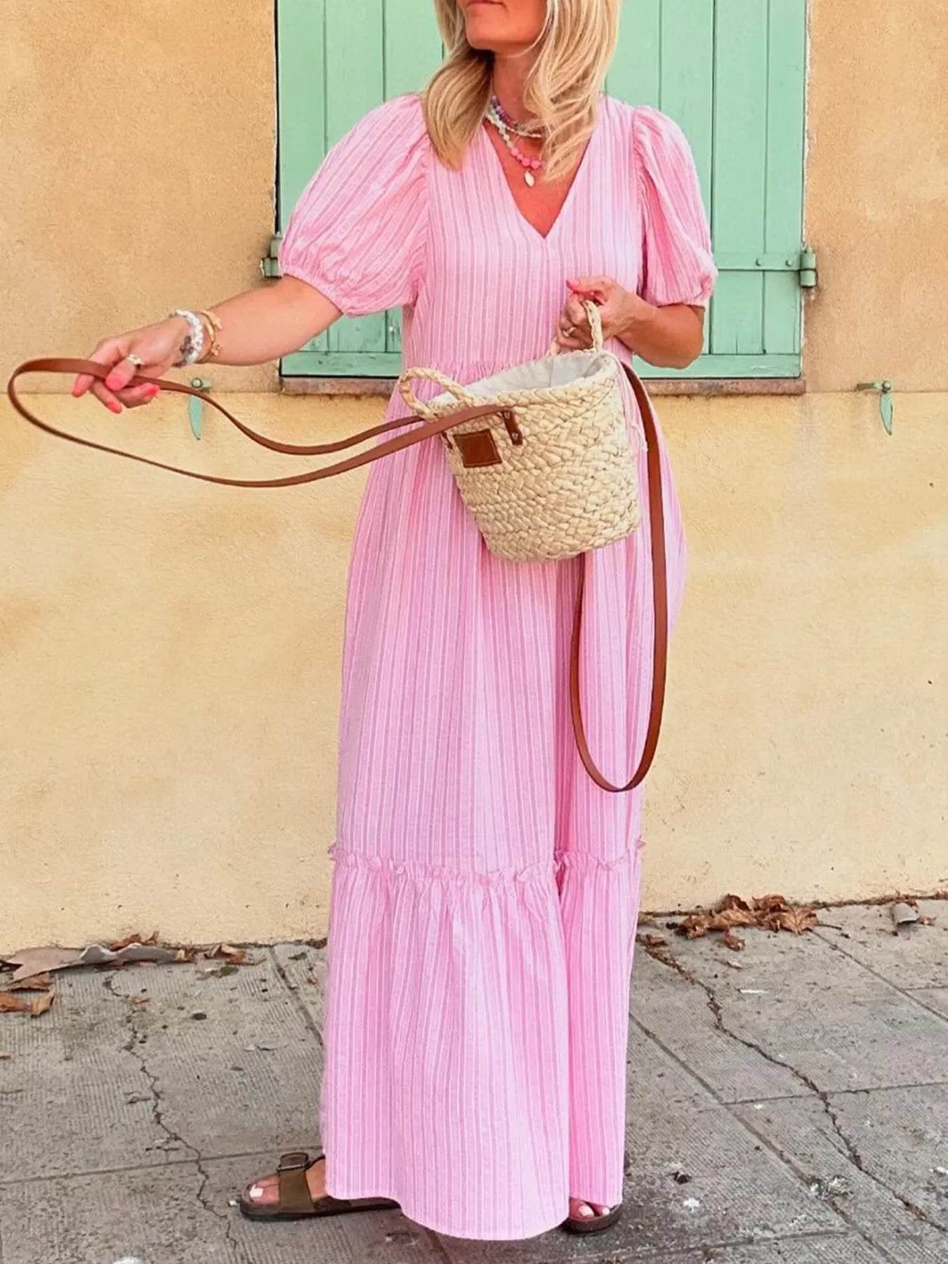 Striped Puff Sleeve V-Neck Maxi Dress - MARIGOLD
