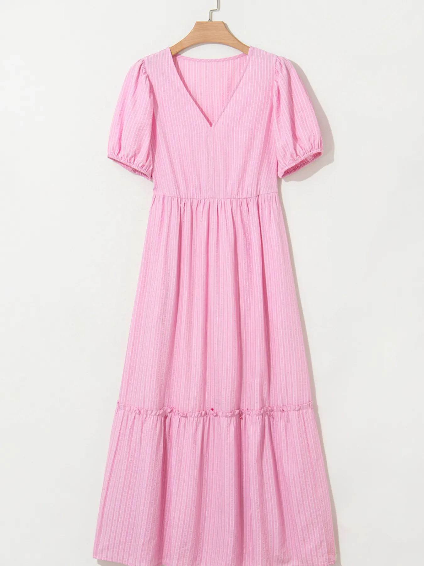 Striped Puff Sleeve V-Neck Maxi Dress - MARIGOLD