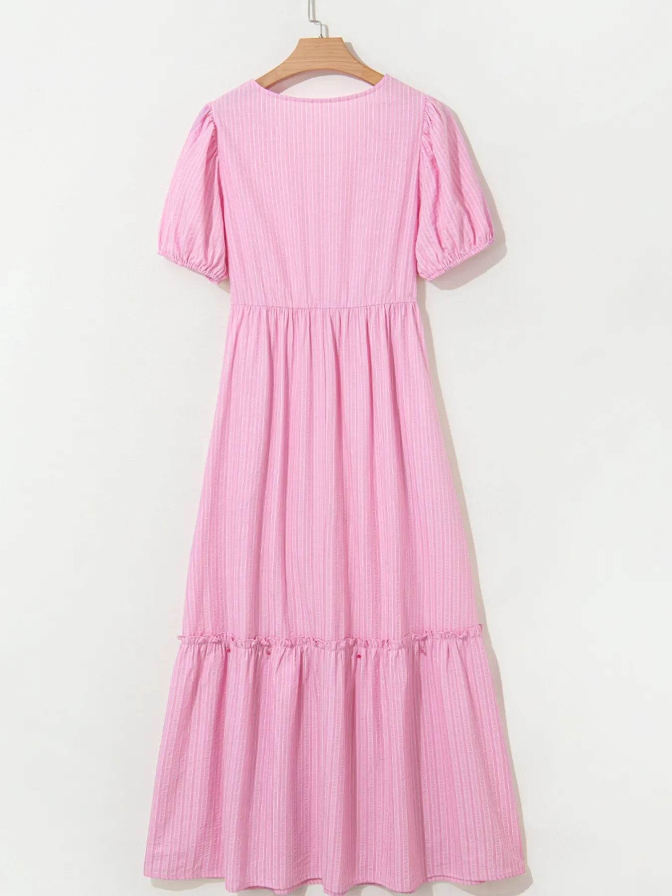 Striped Puff Sleeve V-Neck Maxi Dress - MARIGOLD