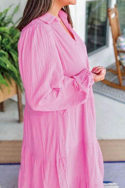 Tiered Johnny Collar Long Sleeve Dress - MARIGOLD