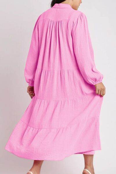 Tiered Johnny Collar Long Sleeve Dress - MARIGOLD