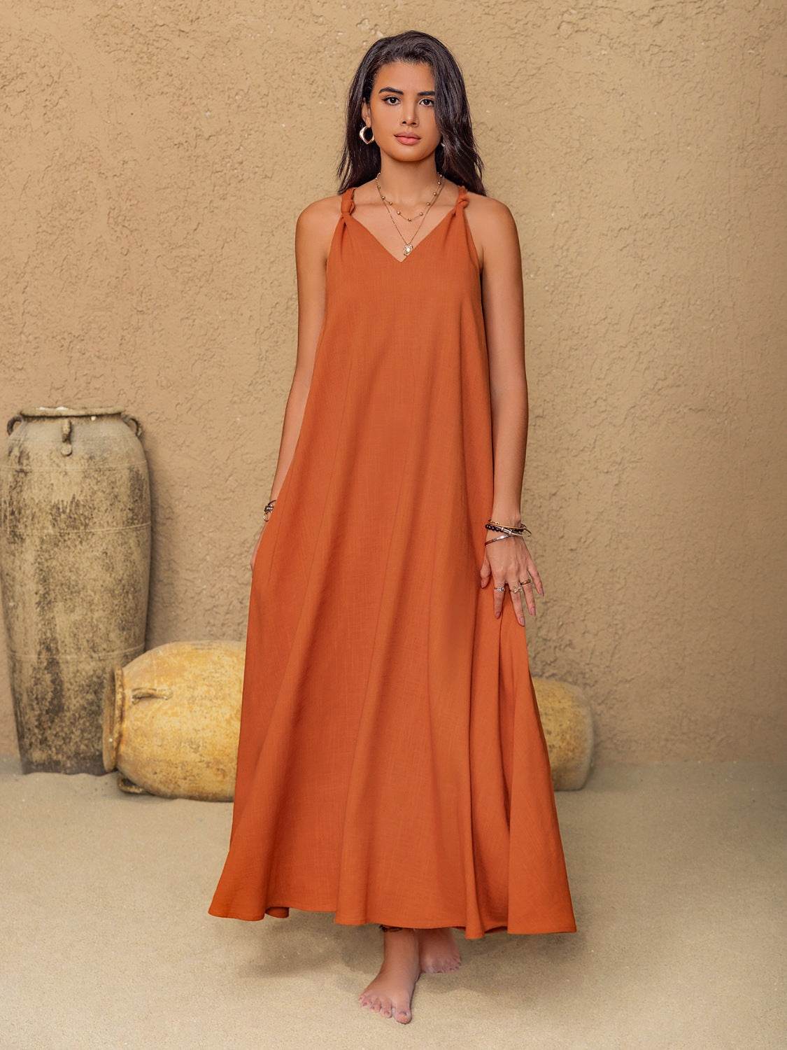 Ruched Twisted Back Sleeveless Maxi Cami Dress - MARIGOLD