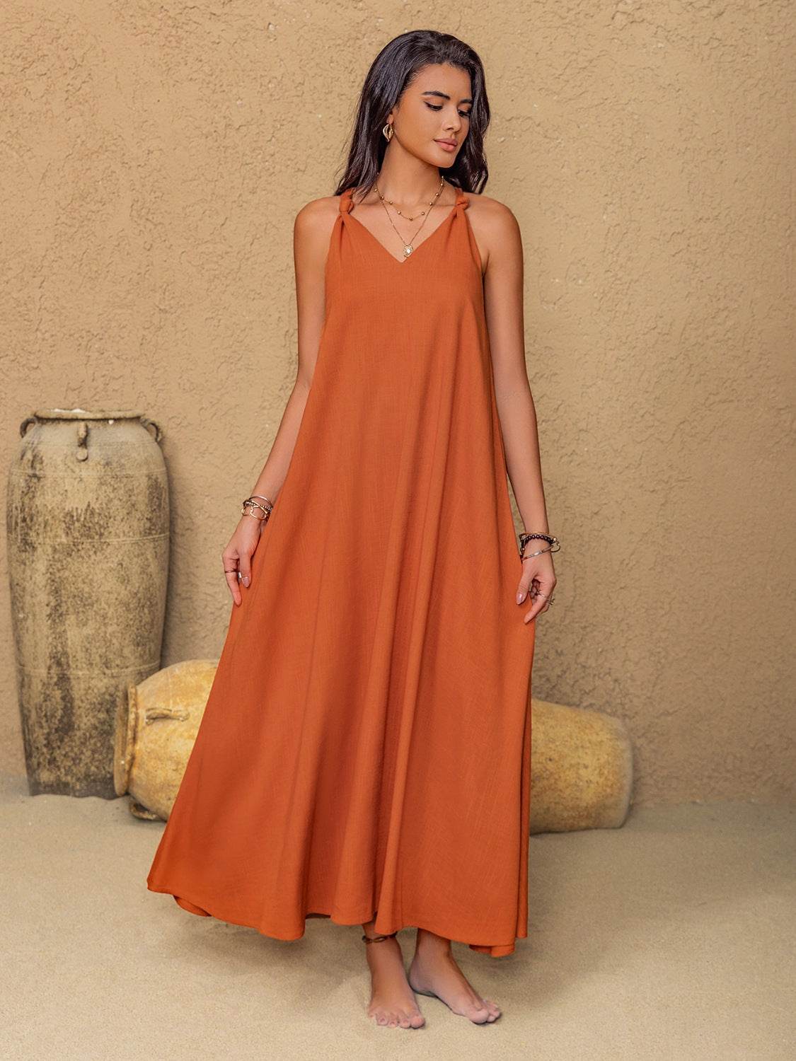 Ruched Twisted Back Sleeveless Maxi Cami Dress - MARIGOLD