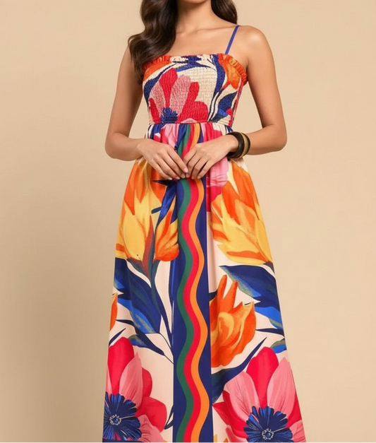 Floral Art Print Cami Maxi Dress - MARIGOLD