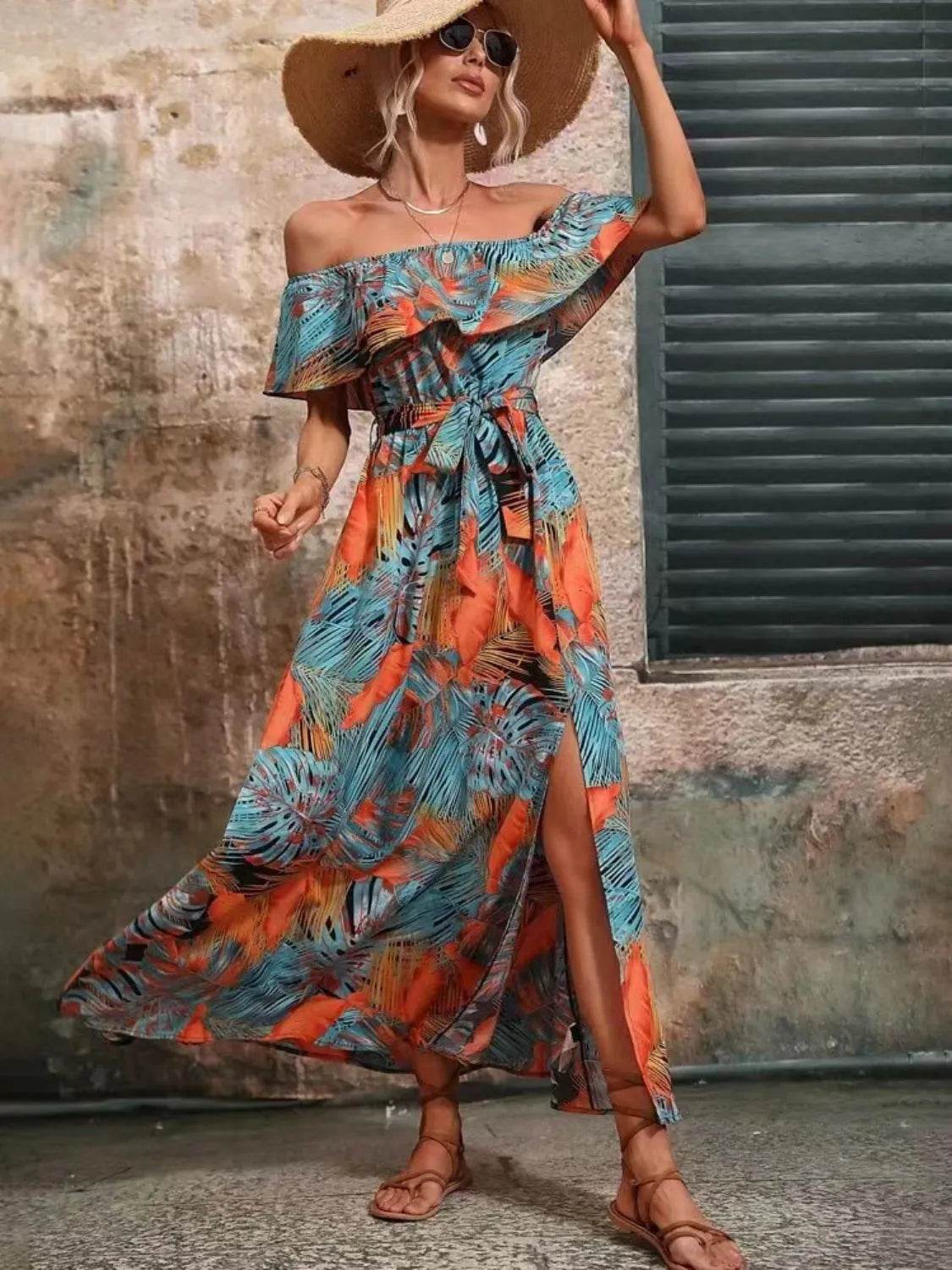 Palm Print Off-the-Shoulder Maxi Dress - MARIGOLD