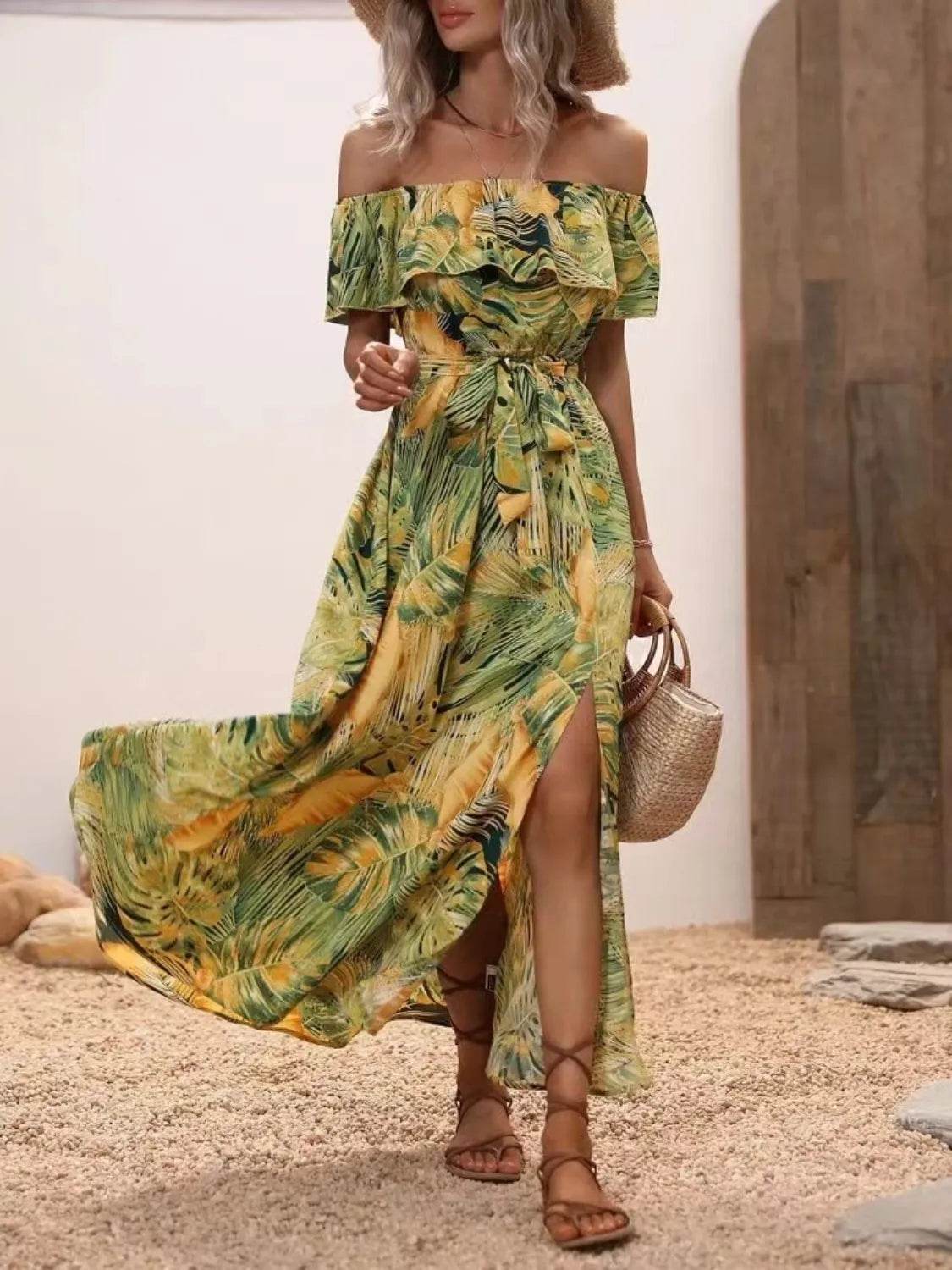 Palm Print Off-the-Shoulder Maxi Dress - MARIGOLD
